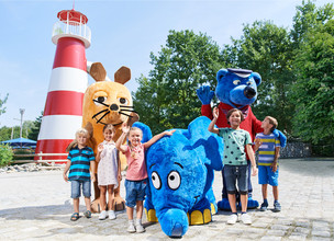 Käpten Blaubär, die Maus und der Elefant aus der Sendung mit der Maus im Ravensburger Spieleland